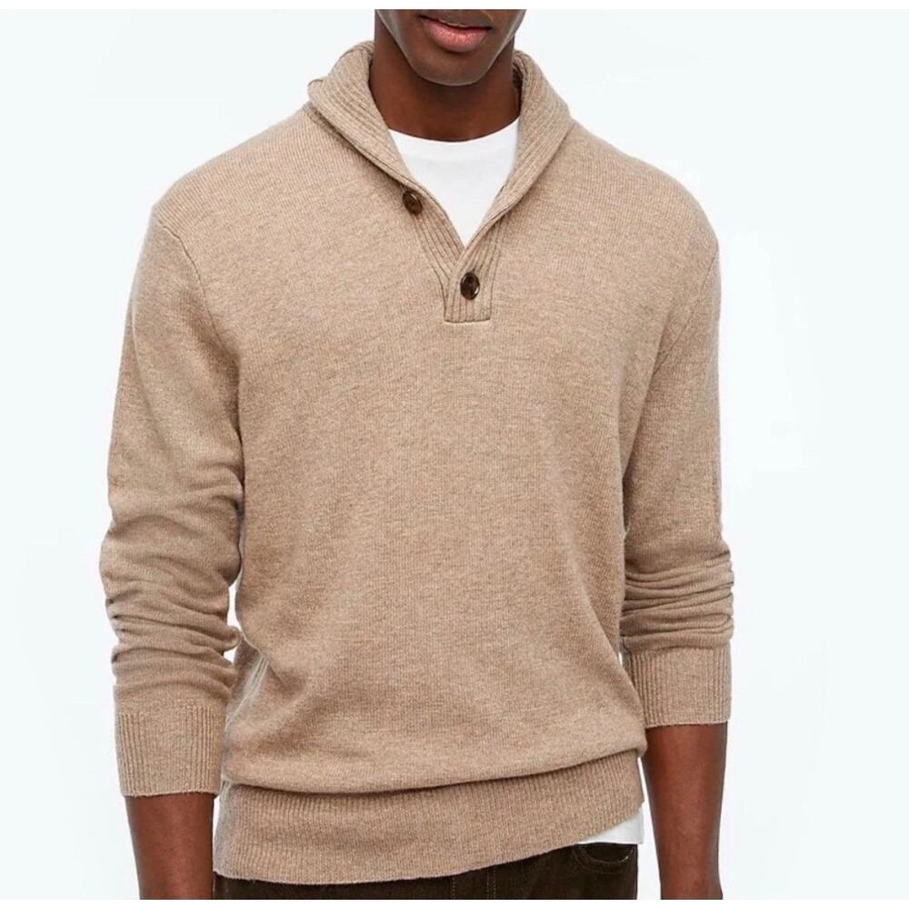 NWT J. Crew Men’s Natural Lambwool Shaw Collar Tan Pullover Sweater Preppy Sz M